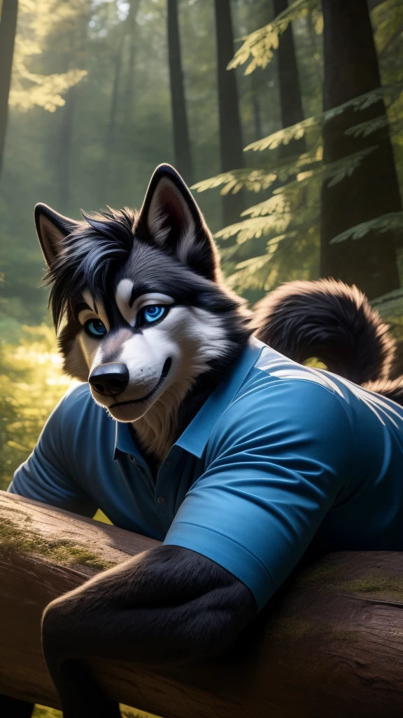 Sexy Posing, male, 30 years old, cute, eyeliner, short black hair, biting lip smile, blue shirt, bedroom eyes, anthro, dog ears, (black fur:1.5),husky dog, forest background, 8k, hi res, (best quality, masterpiece), blue eyes, lying on log, husky tail