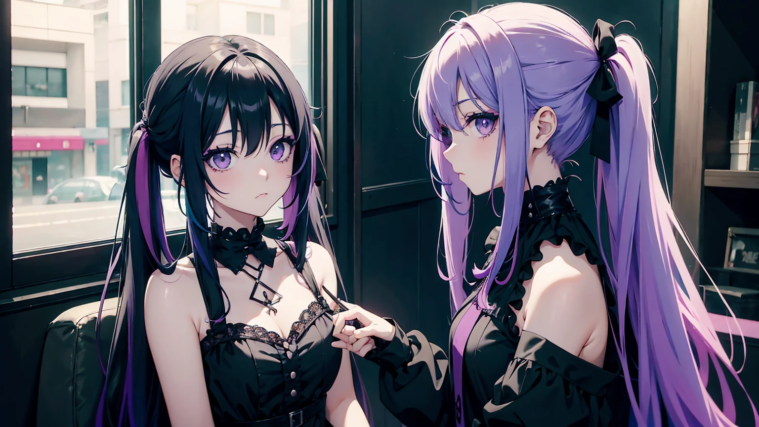 Arafed anime girl with green and purple hair sitting, pastel gothic, pastel goth aesthetic, pale goth beauty, 1 7 - year - old goth girl, goth girl aesthetic, goth girl, colores pastel oscuros, cabello pastel, loish |, Loish y Wlop, Desbordamiento pastel, gothic ambient, Una chica emo, Maquillaje Emo, coloured hair, far established shot, looking elsewhere