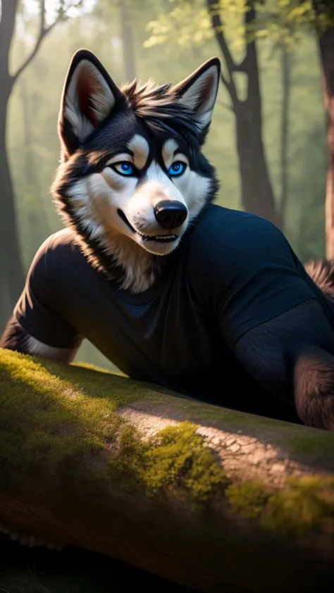 Sexy Posing, male, 30 years old, cute, eyeliner, short black hair, biting lip smile, black shirt, bedroom eyes, anthro, dog ears...