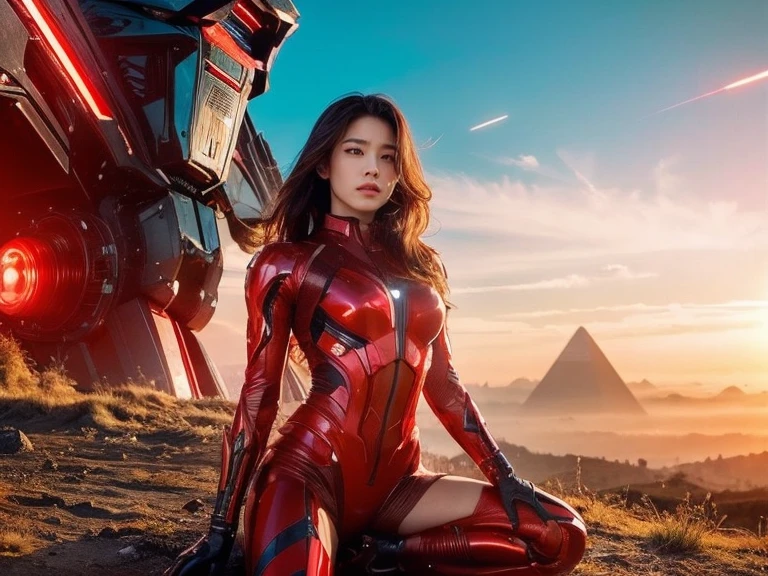 (RAW Photos, Highest quality), (Realistic, Photorealistic:1.3), 1 Girl、Realisticbody、Red and gold battle suit、Pyramid-shaped UFO from outer space、Countless laser beams、Tron、Starship、Mature Woman