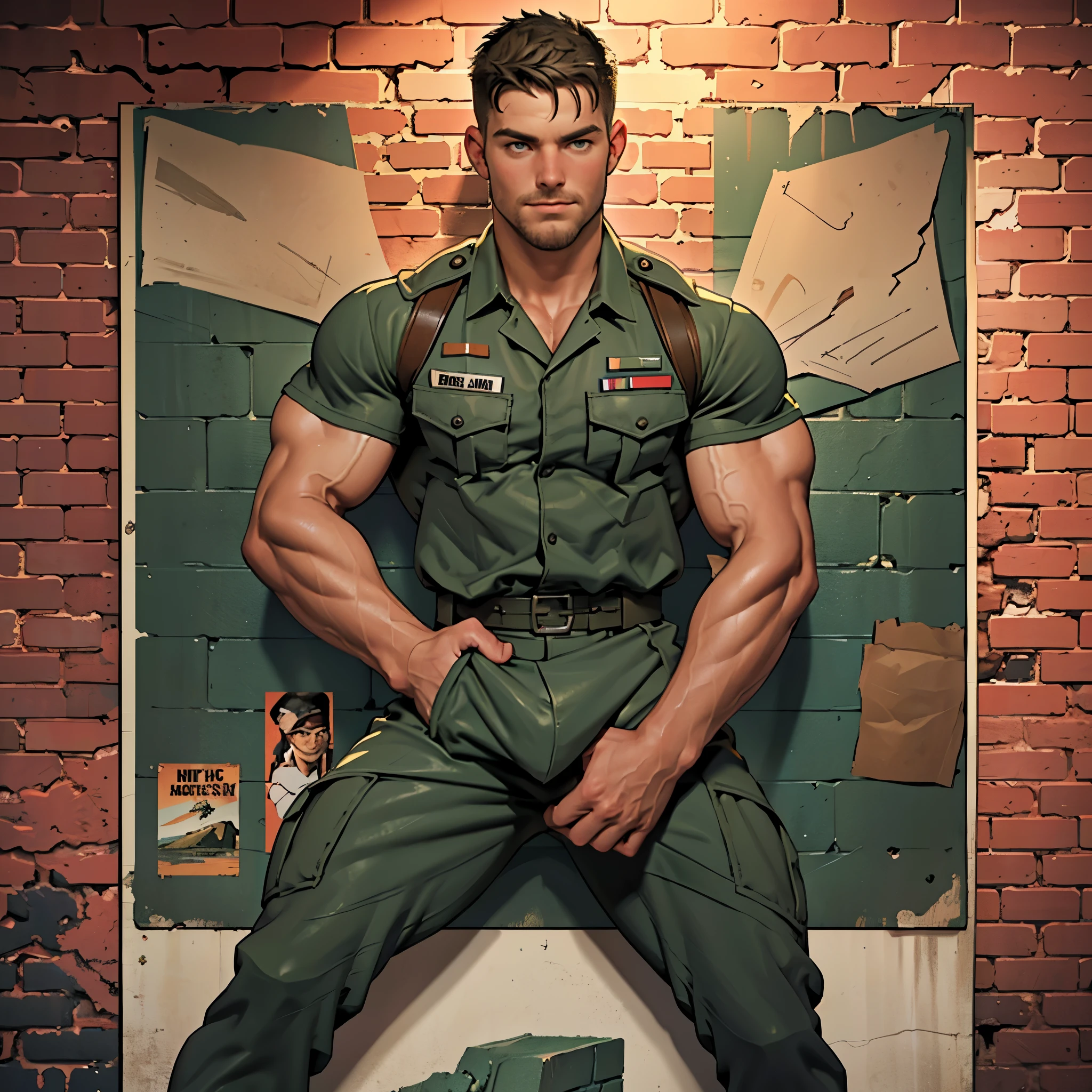 32k, high quality , detailed face , detailed hands , detailed muscles , stephen amell standing and  posing  as a military man ,standing with spread legs, showing his muscles and bulge , ((background brick wall with lot of army posters ))