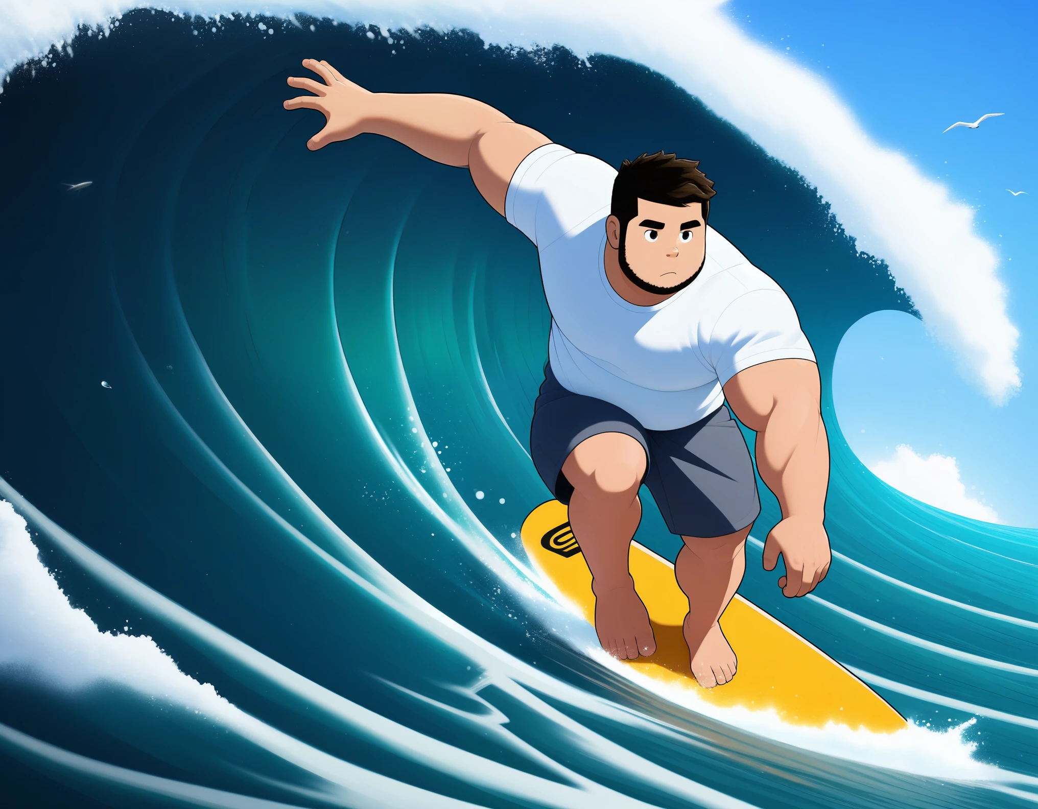 ((1male, solo, (mature male, beard, sideburns), male focus, confident, surfing in wave)), (chubby:1.0, bara:1.4, stocky), ((tshirt, trunks, barefoot, surfing board)), short hair, crew cut, (close up), (cool, awesome), ocean background, best quality, ((flat anime, cartoon, masterpiece, best aesthetic, absurdres, highly detailed)), soft shaded