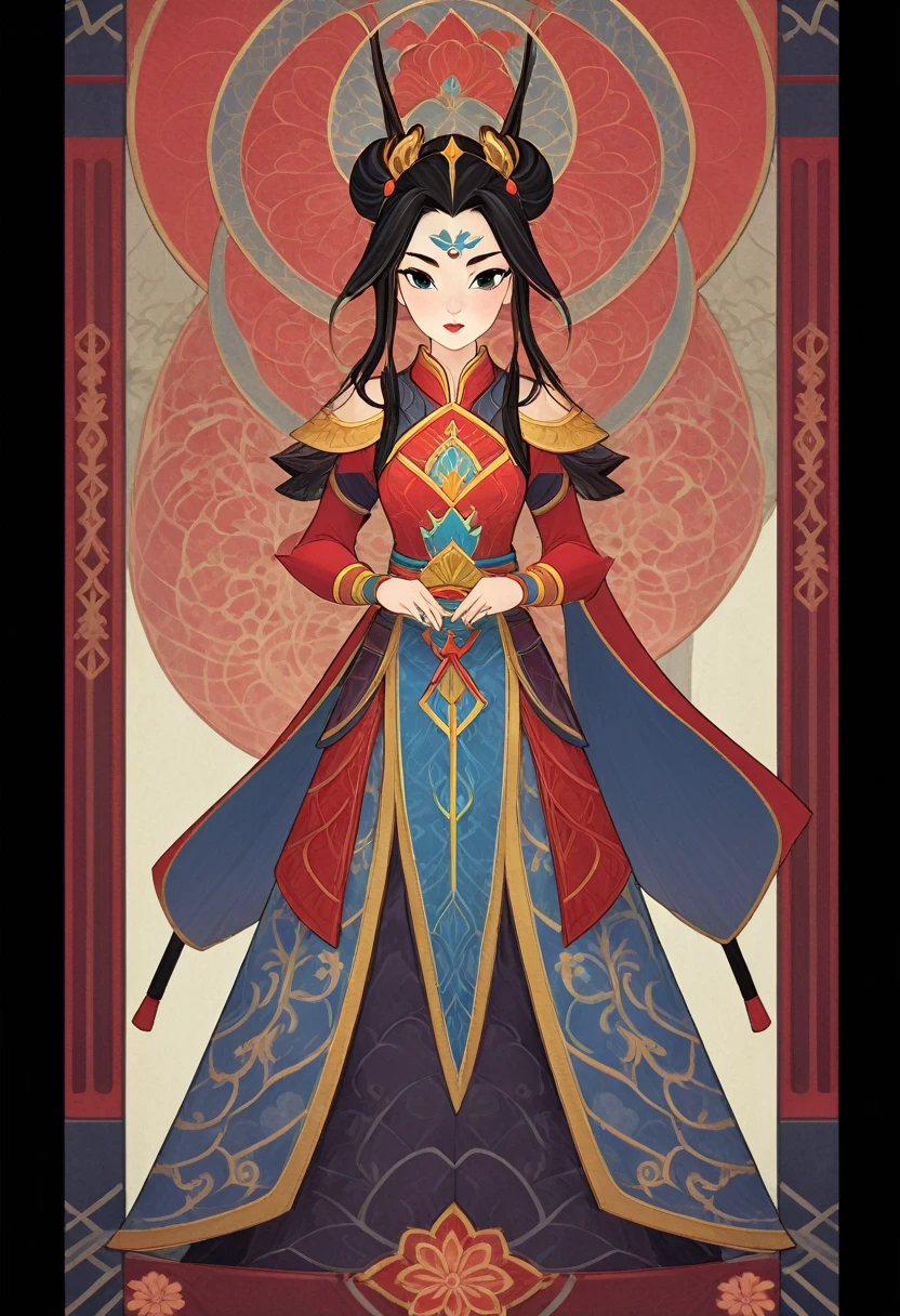 1Mädchen, Mulan - Die wunderbare Welt der Magie, Chinesische Generalskostüme, Ganzkörpermalerei im Stehen, (((Allein))), Klare Gesichtszüge, Schlichtes Liniendesign, ((Tarotkarten-Hintergrund, symmetrische Schönheit)), perfekt symmetrisch, Die Kunst der Symmetrie, Stehende Zeichnungen von Charakteren, ((Flachfarben)), Meisterstück，Top-Qualität，beste Qualität，ultrahohe Auflösung, ((Klare Gesichtszüge，schöne Augen，schönes Gesicht, exquisite Gesichtszüge))