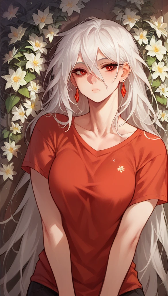 score_9, score_8_up, score_7_up, score_6_up, score_5_up, score_4_up, woman, solo, Floral print t-shirt with oversized, abstract flowers in vibrant colors, thoughtful, earrings, white hair, Dark Red eyes, very long hair, hair between eyes, side tilt, medium breasts, lightweight, morn, drastically, saas