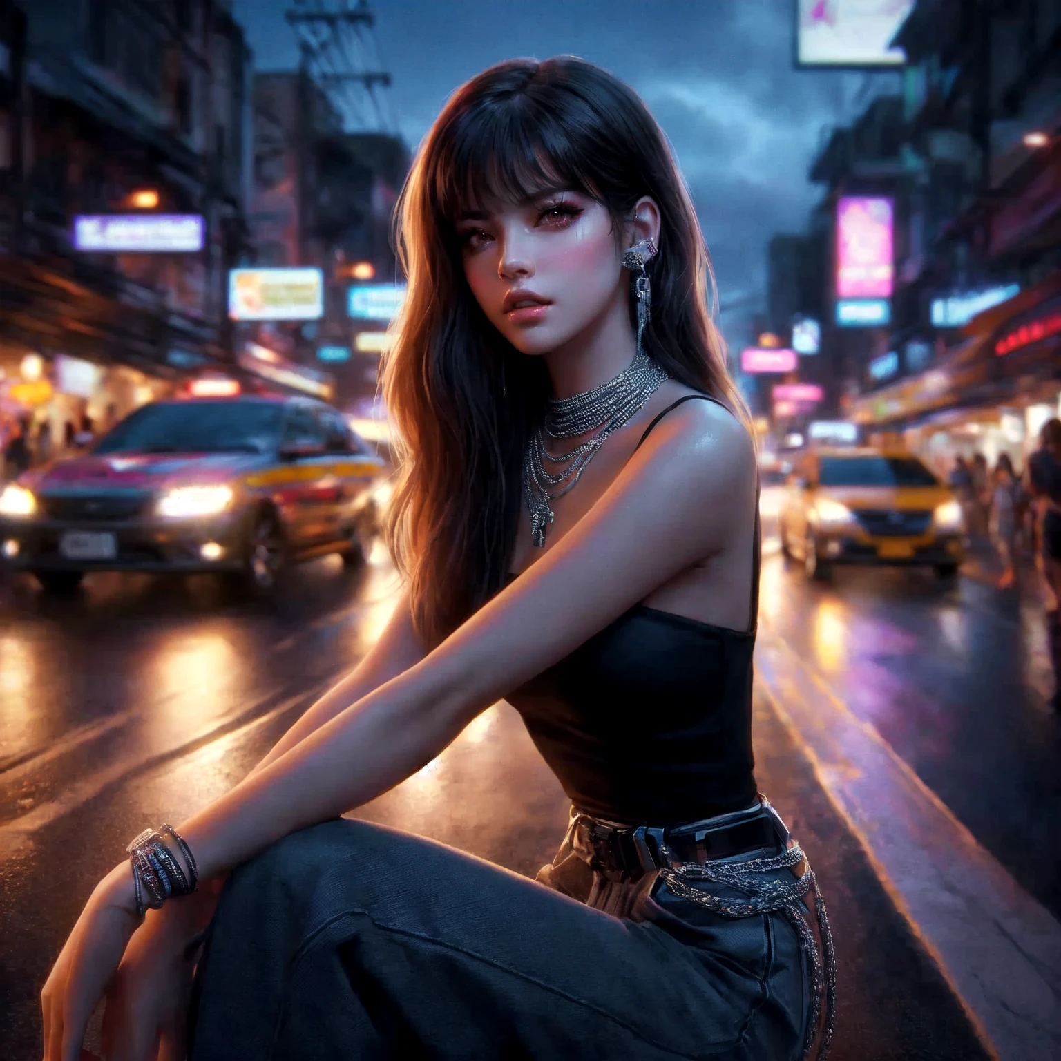 arafed image of a woman in a black top and shorts standing in a crowded street, cyberpunk vibe, cyberpunk vibes, cyberpunk art style, cyberpunk girl, urban girl fanart, artwork in the style of guweiz, beautiful digital artwork, stylized urban fantasy artwork, deviantart artstation cgscosiety, in cyberpunk city, trending on cgstation