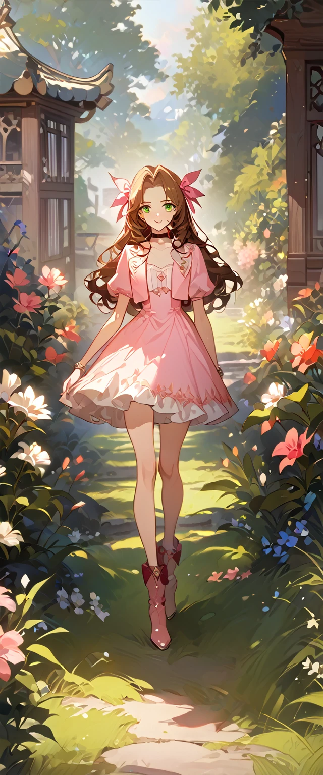 masterpiece, best quality, 8k, 4k, 1girl, aerith gainsborough, brown hair, curled, long hair, green eyes, hair ribbon, bolero jacket, cropped jacket, bow, choker, long pink dress, pink bow, boots, bangles, walking in a garden, flowers, detailed background,, inspired by Asukaziye artist : ask, art style : ask