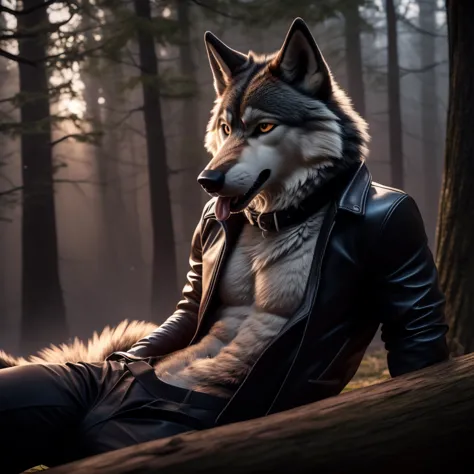 Sexy Posing, lying on log, Male, 30 years old, bedroom eye, mouth open with tongue hanging out, black leather jacket, anthro, wo...