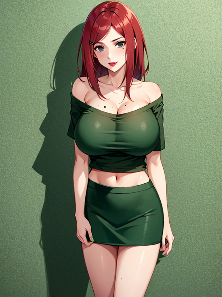 Uzumaki_kushina,huge breasts, beautiful face:1.3,butt hole,navel, cleavage ,bellybutton,off the shoulder:1.8,body facing front,full body shot,standing straight, short greenskirt,black t-shirt:off shoulder,green shirt ,mole on chest,red lipstick,mole on lip