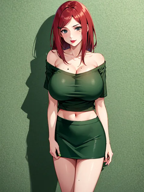 Uzumaki_kushina,huge breasts, beautiful face:1.3,butt hole,navel, cleavage ,bellybutton,off the shoulder:1.8,body facing front,f...