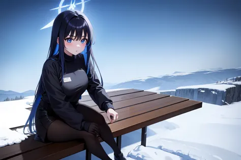 1girl,solo, saorijoumae, saori joumae, blue eyes, blue hair, halo, long hair, black clothes red parts, tall, teenager, sitting o...