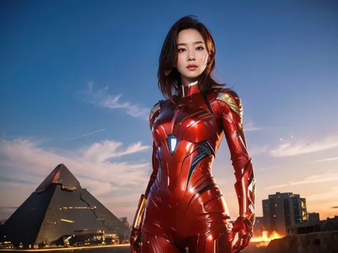 (raw photos, highest quality), (realistic, photorealistic:1.3), 1 girl、realisticbody、red and gold battle suit、pyramid-shaped ufo...