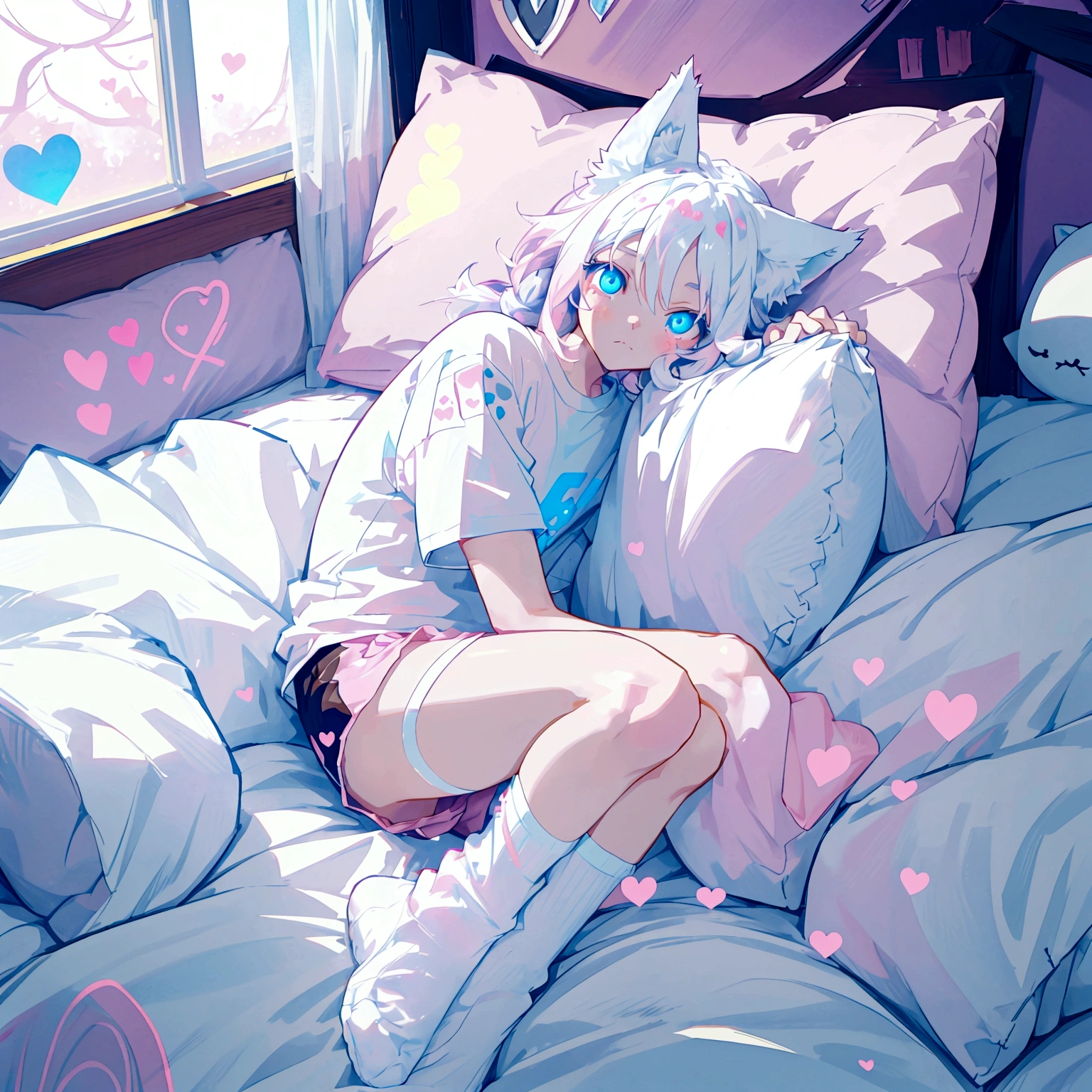 a cute adult male with wolf ears long white hair and a fluffy wolf tail, wearing pink micro shorts and a tight t-shirt with a heart logo on it, has glowing blue eyes, has very squishy thighs, wearing white thigh high socks, kawaii, on bed relaxing surrounded by plushies, solo, alone, (SOLO)(ALONE)