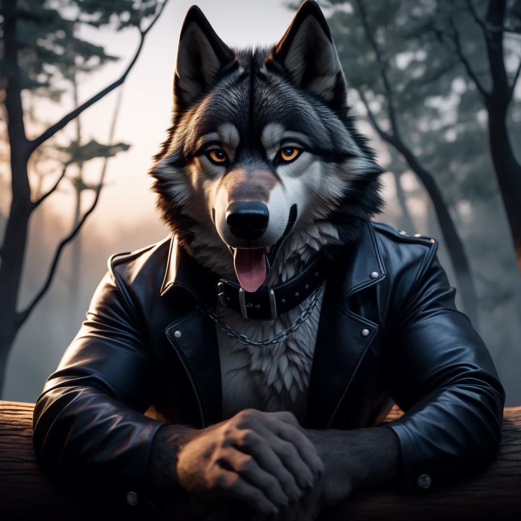 Sexy Posing, lying on log, Male, 30 years old, cute, eye liner, bedroom eye, mouth open with tongue hanging out, black leather jacket, anthro, wolf ears, (black fur:1.5), wolf, forest background, 8k, hi res, (best quality, masterpiece), (wolf tail:1.5), detailed fur, solo, looking at camera, night, leashing and collar,