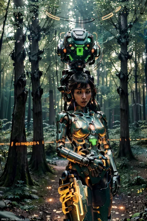 (( Futuristic robotic tenderly cradling a naked woman out of a mysterious forest)), carry, blush, 1robot, 1girl, smirk, bangs, b...