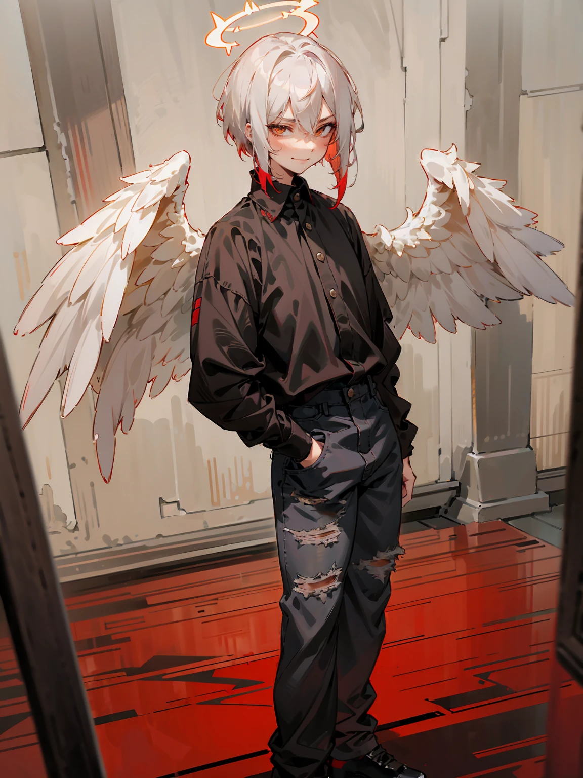 1male, Adult, Two Tone Hair, Crimson and White Hair, Short Hair, Undercut Hair, Red Angel Halo, Black Angel Wings, Golden Eyes, Smirk, Black Flannel Shirt, Black Ripped Jeans, Standing On Path