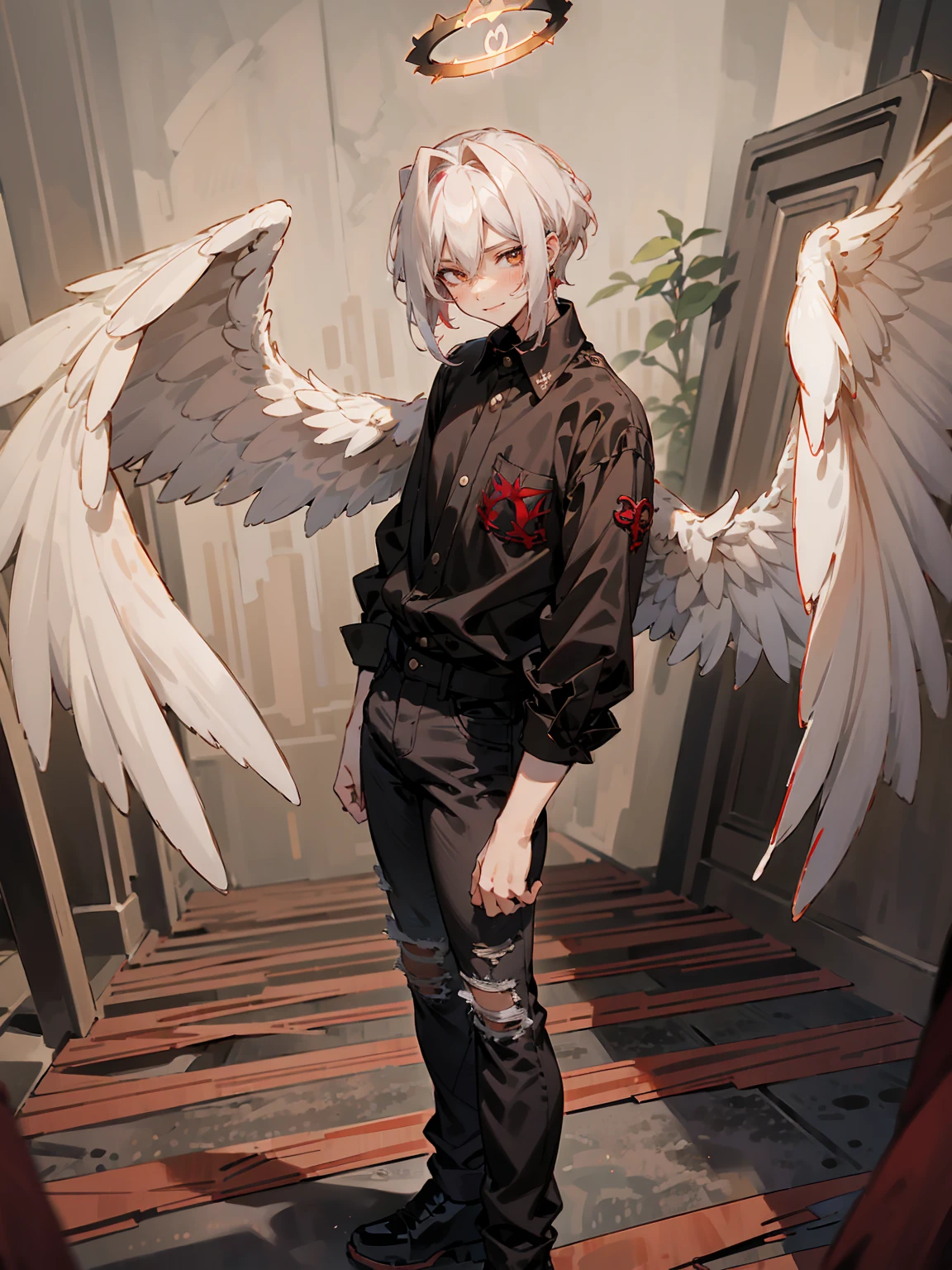 1male, Adult, Two Tone Hair, Crimson and White Hair, Short Hair, Undercut Hair, Red Angel Halo, Black Angel Wings, Golden Eyes, Smirk, Black Flannel Shirt, Black Ripped Jeans, Standing On Path