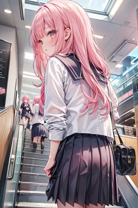 masterpiece, best quality,
view from behind, view from below, 
1girl, ((school uniform, serafuku,skirt)), pink hair, embarrassed...
