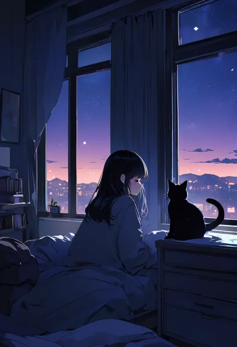 night、for sleeping、highest quality、inside the room、sleeping girl、ephemeral、there is always a black cat somewhere in the room loo...