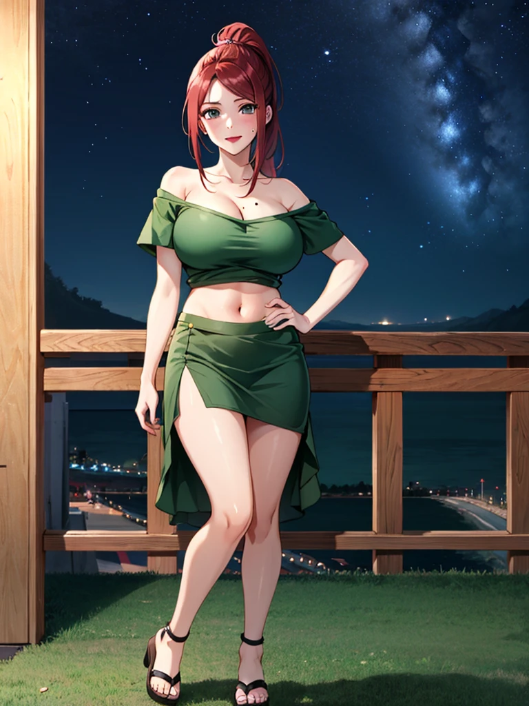 Uzumaki_kushina,huge breasts, beautiful face:1.3,butt hole,navel, cleavage ,bellybutton,off the shoulder:1.9,body facing front,full body shot,standing straight, short green skirt,green tshirt ,loose dress, mole on chest,red lipstick, mole on lip,ponytail,long hair,night sky, looking at view,