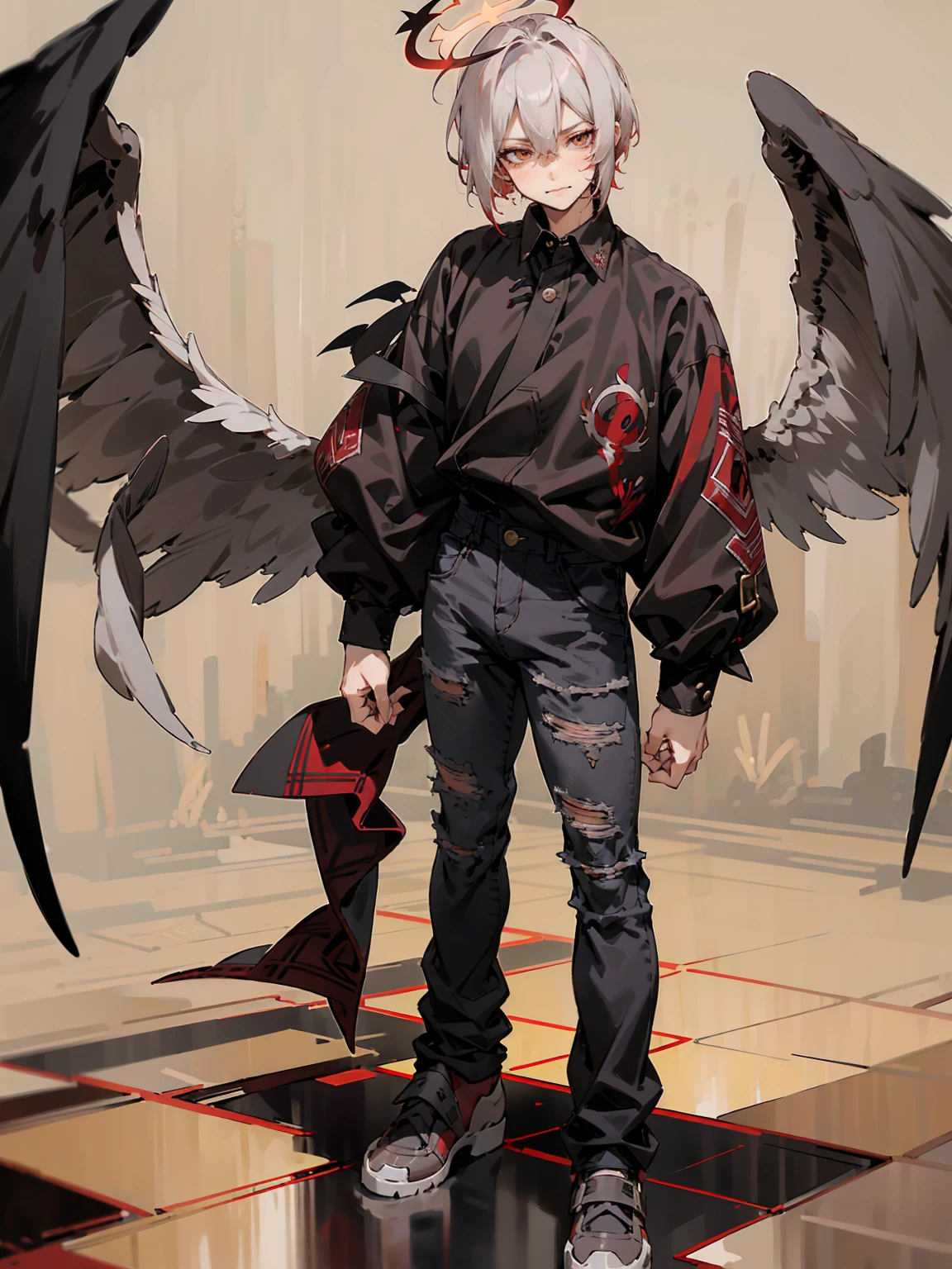 1male, Adult, Two Tone Hair, Crimson and White Hair, Short Hair, Undercut Hair, Red Angel Halo, Black Wings, Golden Eyes, Smirk, Black Flannel Shirt, Black Ripped Jeans, Standing On Path