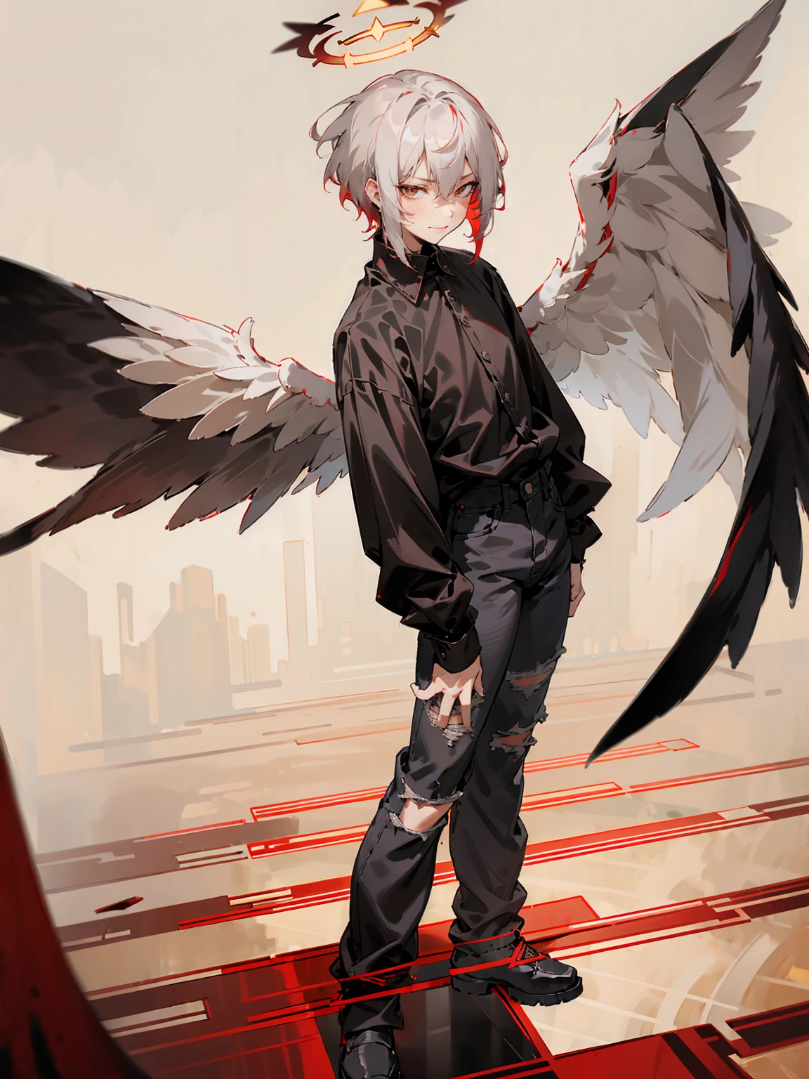 1male, Adult, Two Tone Hair, Crimson and White Hair, Short Hair, Undercut Hair, Red Angel Halo, Black Wings, Golden Eyes, Smirk, Black Flannel Shirt, Black Ripped Jeans, Standing On Path