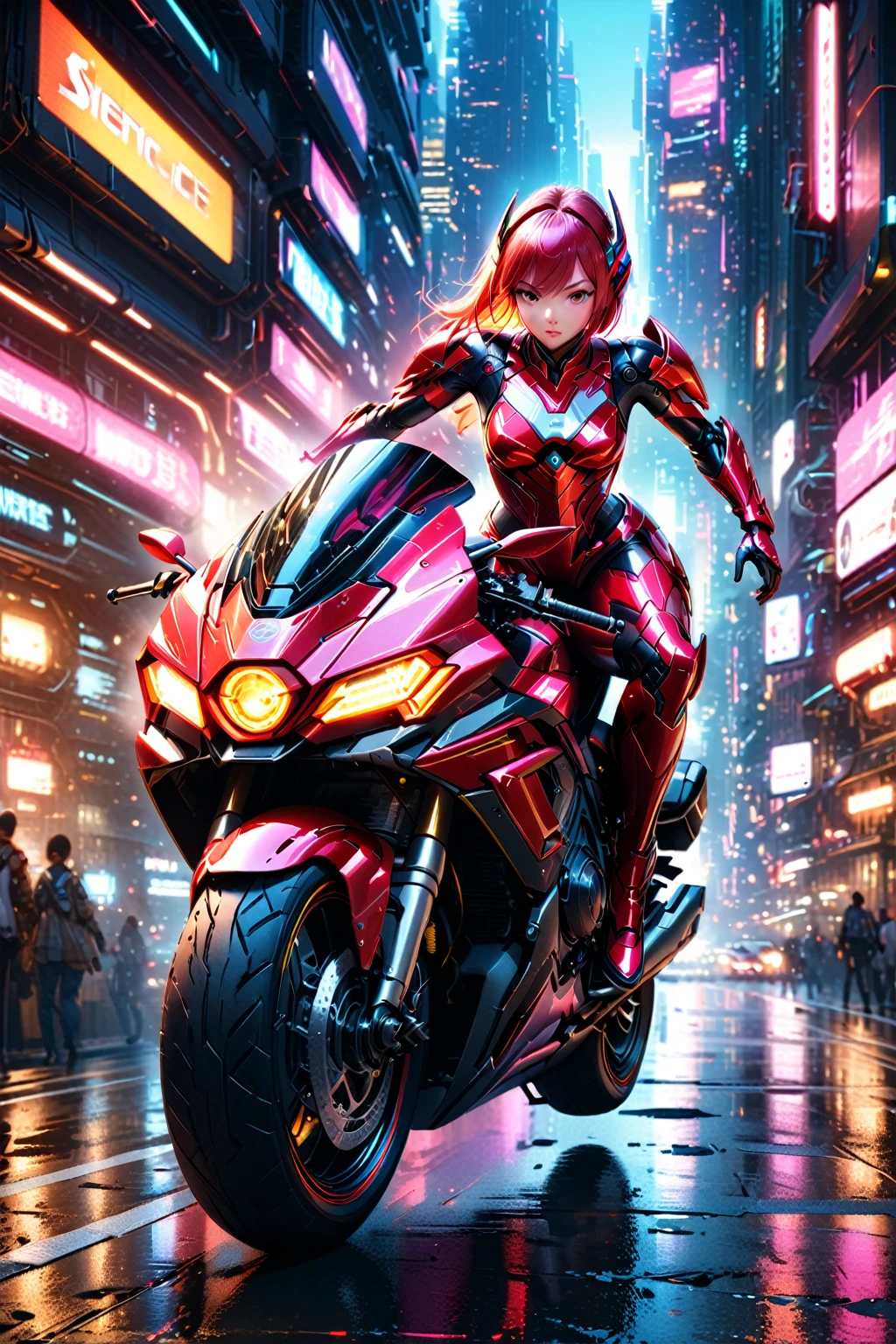 a beautiful japanese girl riding a futuristic sci-fi motorcycle, epic action scene, dynamic motion blur, glowing neon cyberpunk cityscape, dramatic cinematic lighting, highly detailed portrait, intricate mechanical design, glossy metallic surfaces, vibrant neon colors, cinematic composition, photorealistic, 8k, best quality, masterpiece, detailed futuristic sci-fi motorcycle, detailed legs, wearing red and white sci-fi armor