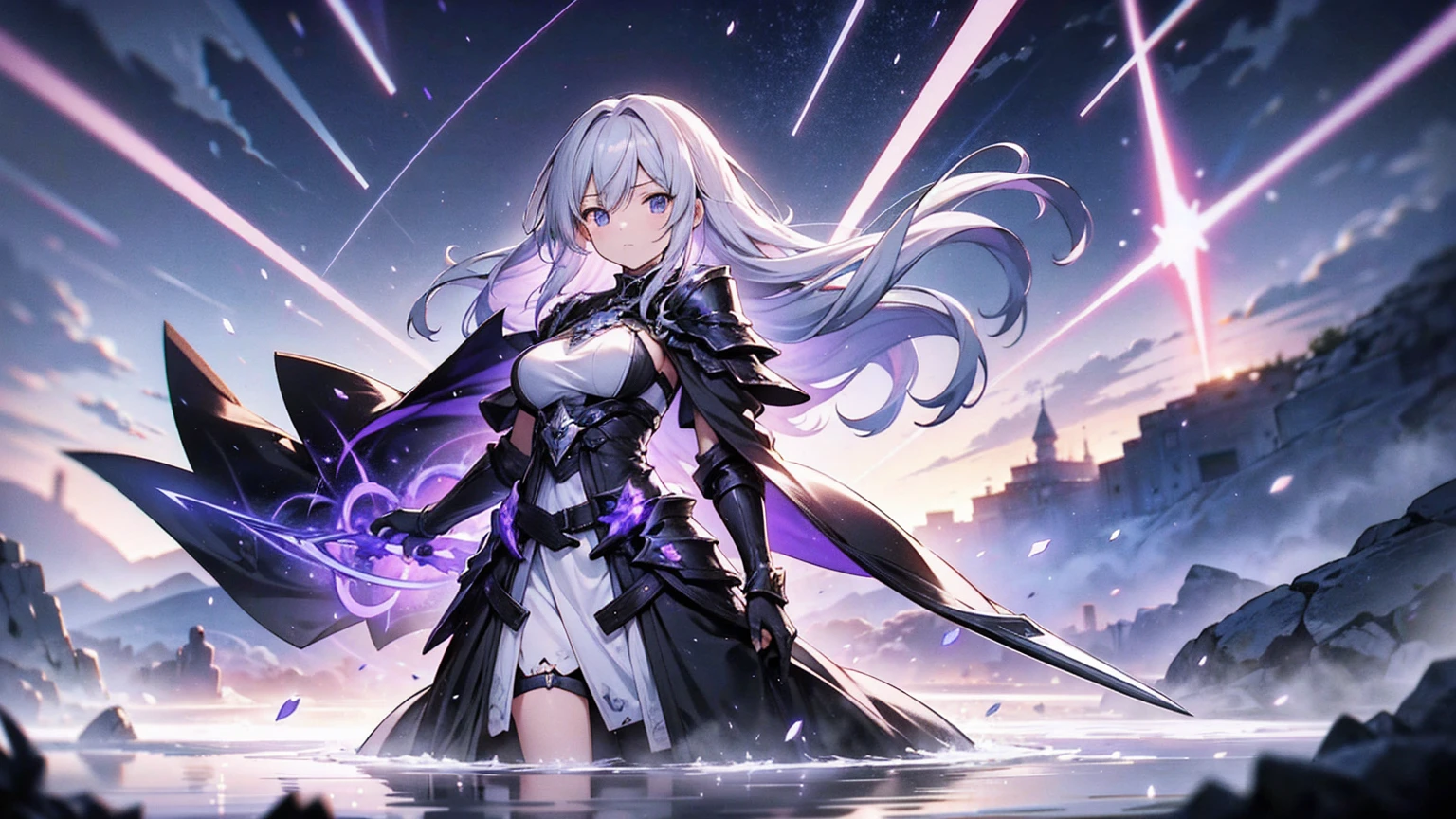 This image is a digital artwork inspired by anime and manga, exuding a fantasy atmosphere. In the center, there is a character with long silver hair, elegantly dressed in a combat outfit with black and gray armor. She carries a large sword on her back, its hilt extending towards the sky.

Surrounding the character are fragments of blue-purple crystals or mirror-like pieces floating in the air, reflecting light. The background consists of a sky with clouds, with mysterious light seemingly descending from the sky. Additionally, between the foreground and background of the image, the word "Igallta" is scattered in various directions in alphabets and symbols.

The use of light and shadow, the dynamic pose of the character, and the floating objects create a sense of visual depth and movement in the image. Overall, this artwork is narrative, prompting viewers to imagine the story behind the character.