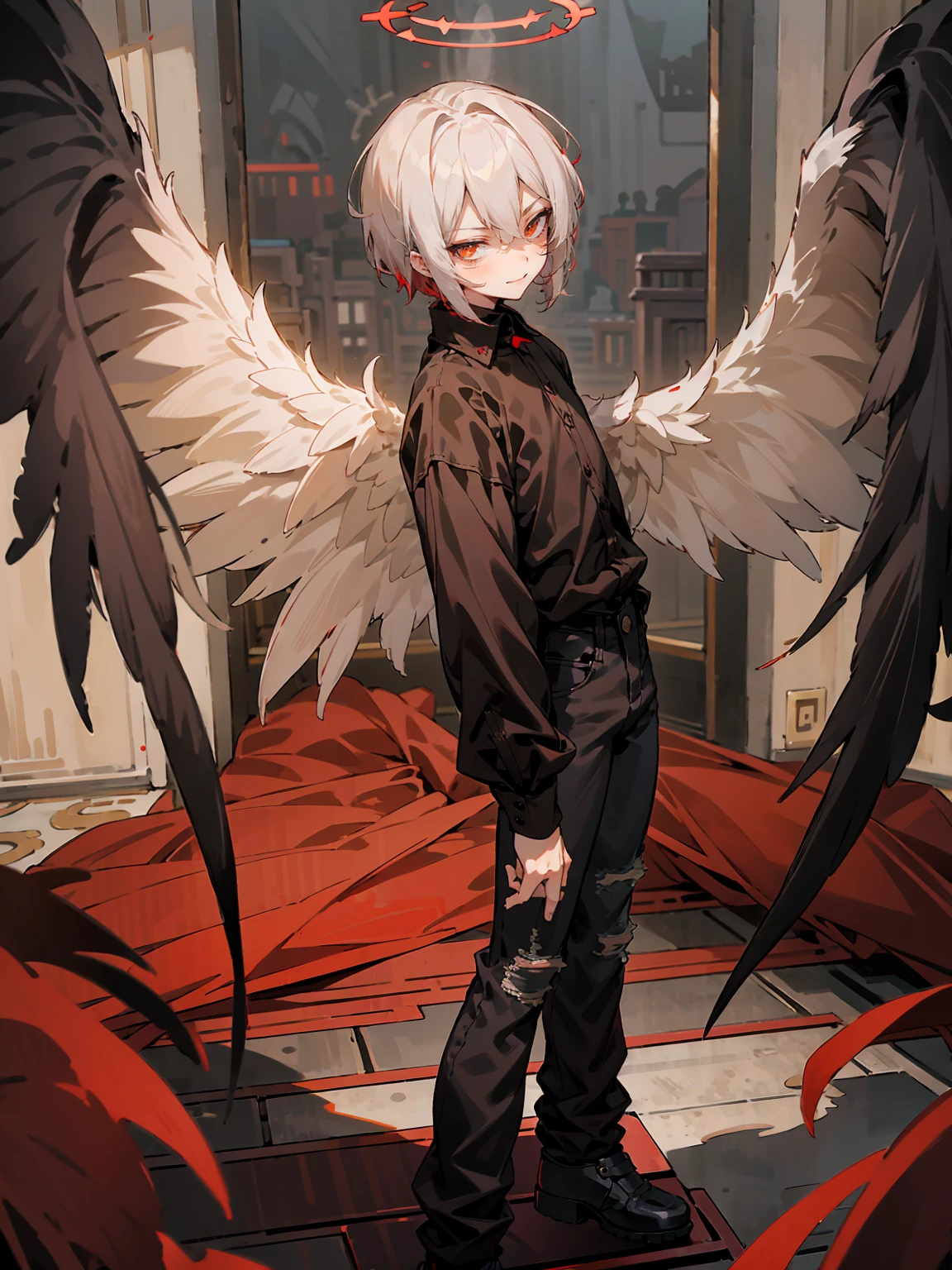 1male, Adult, Two Tone Hair, Crimson and White Hair, Short Hair, Undercut Hair, Red Angel Halo, Black Wings, Golden Eyes, Smirk, Black Flannel Shirt, Black Ripped Jeans, Standing On Path