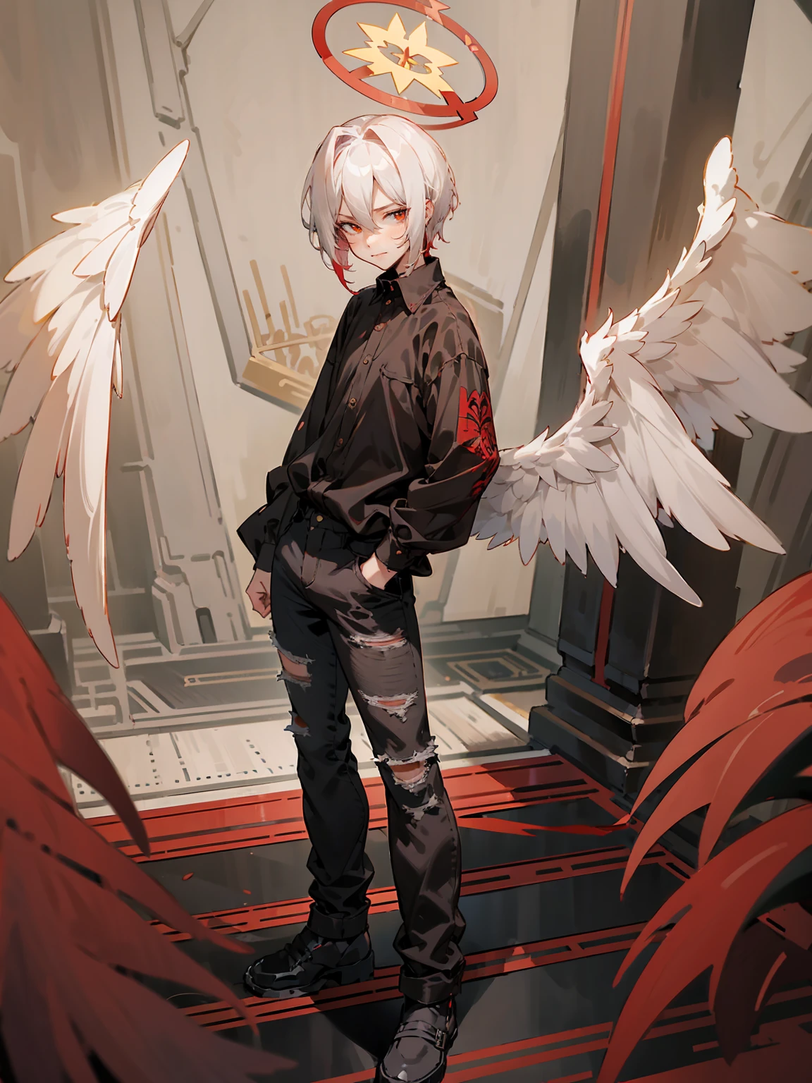 1male, Adult, Two Tone Hair, Crimson and White Hair, Short Hair, Undercut Hair, Red Angel Halo, Black Wings, Golden Eyes, Smirk, Black Flannel Shirt, Black Ripped Jeans, Standing On Path