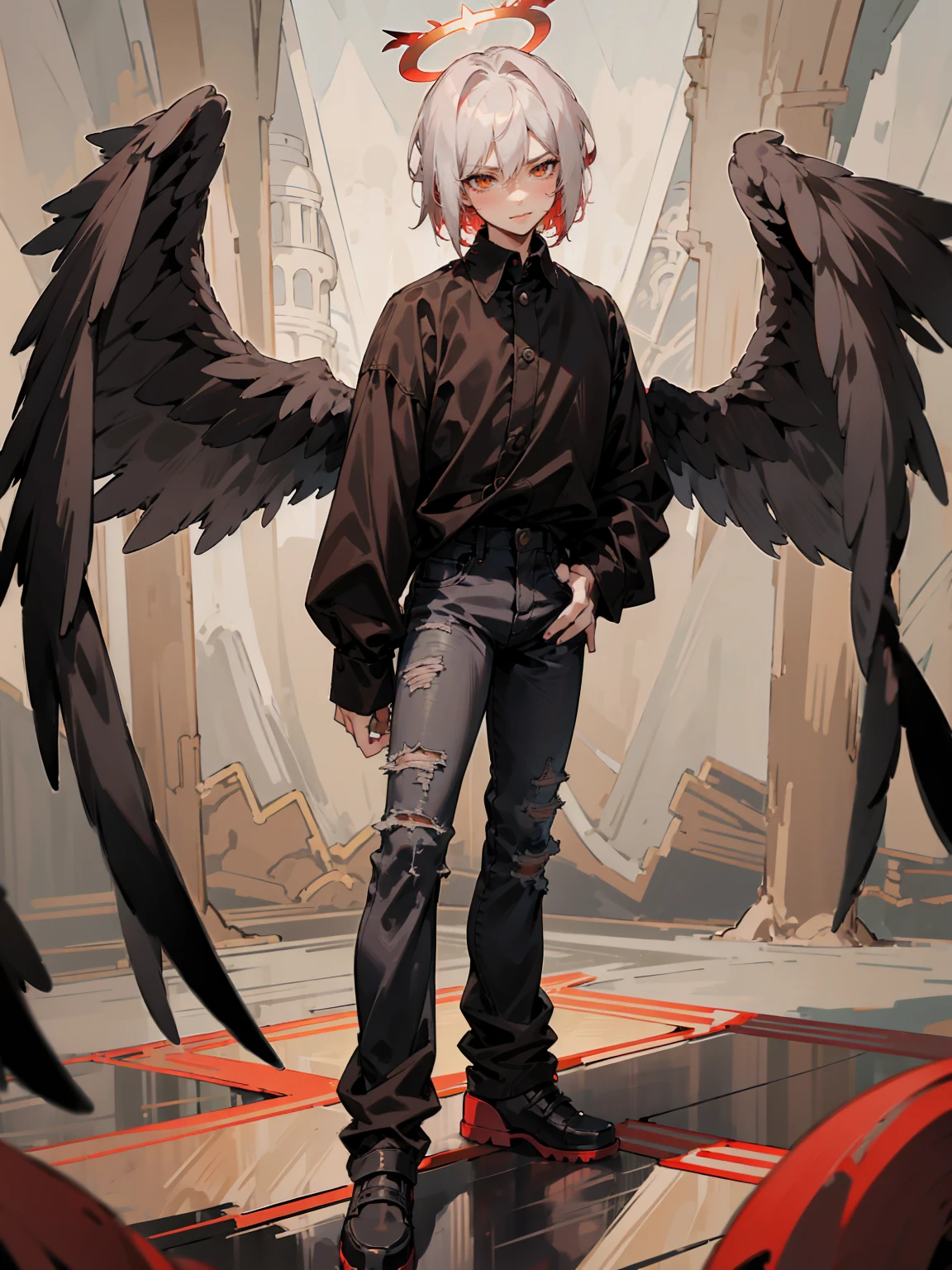 1male, Adult, Two Tone Hair, Crimson and White Hair, Short Hair, Undercut Hair, Red Angel Halo, Black Wings, Golden Eyes, Smirk, Black Flannel Shirt, Black Ripped Jeans, Standing On Path