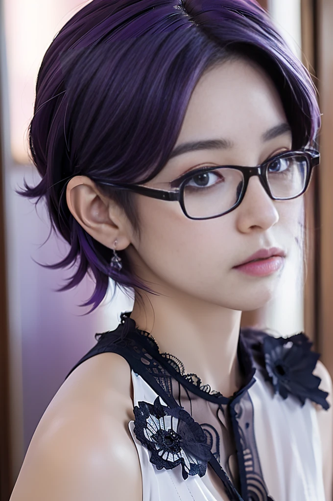 (masterpiece), (Highest quality), (High resolution), detailed, (複雑なdetailed 1.2), (Hyper detailed 1.4), (Gorgeous Digital Art 1.2), One girl, Mature Woman, masterpiece, spouse, goddess,short hair ,((Purple Hair)),Glasses