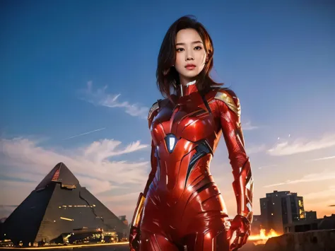 (RAW Photos, Highest quality), (Realistic, Photorealistic:1.3), 1 Girl、Realisticbody、Red and gold battle suit、Pyramid-shaped UFO...