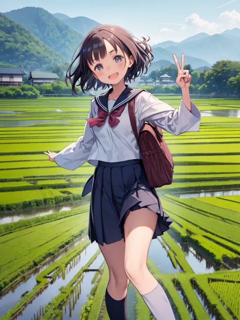 A high school girl wearing a sailor uniform、Upper Body、laughing、peace sign、Japanese countryside scenery、Paddy field、A dog is run...