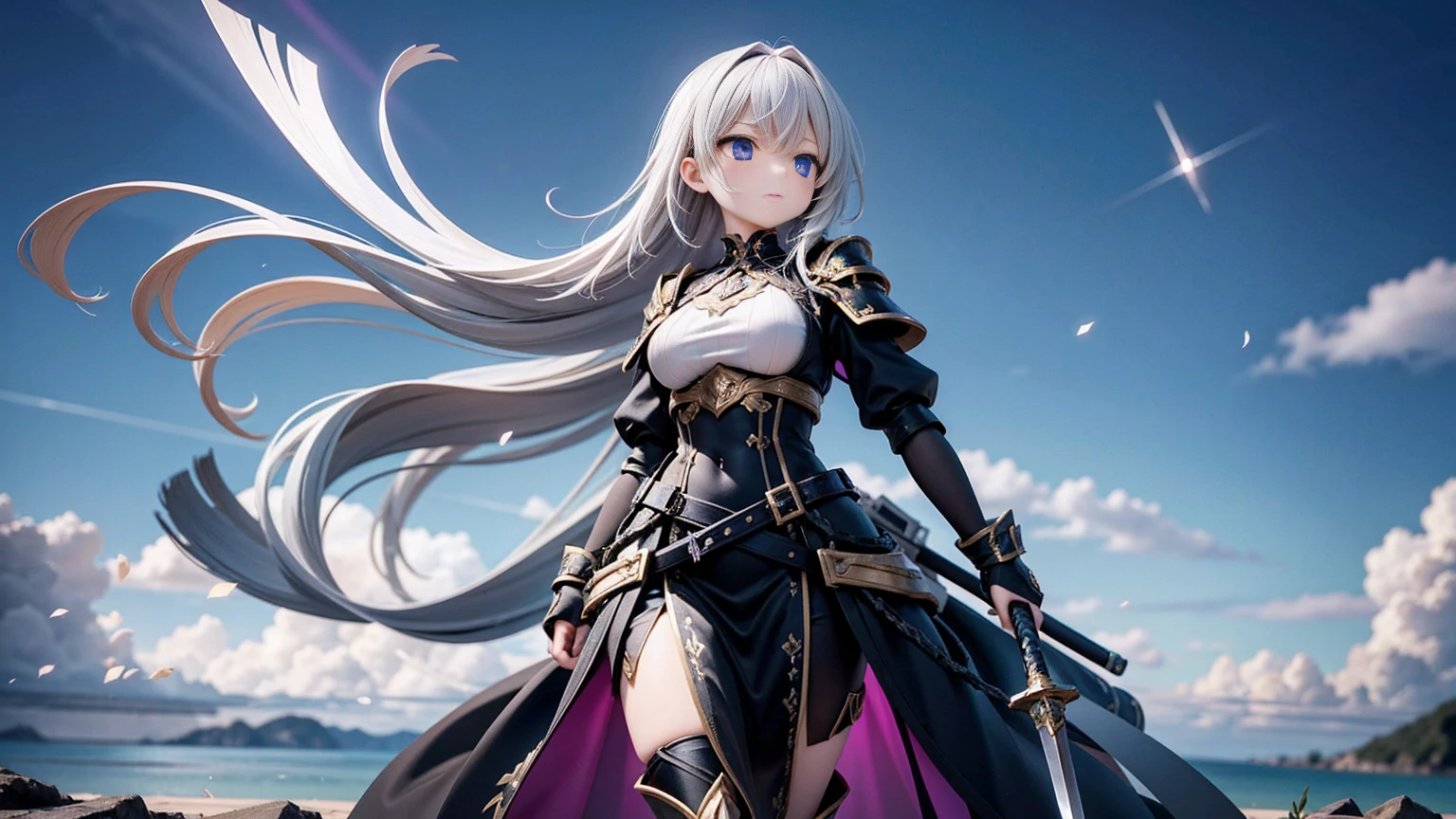 This image is a digital artwork inspired by anime and manga, exuding a fantasy atmosphere. In the center, there is a character with long silver hair, elegantly dressed in a combat outfit with black and gray armor. She carries a large sword on her back, its hilt extending towards the sky.

Surrounding the character are fragments of blue-purple crystals or mirror-like pieces floating in the air, reflecting light. The background consists of a sky with clouds, with mysterious light seemingly descending from the sky. Additionally, between the foreground and background of the image, the word "Igallta" is scattered in various directions in alphabets and symbols.

The use of light and shadow, the dynamic pose of the character, and the floating objects create a sense of visual depth and movement in the image. Overall, this artwork is narrative, prompting viewers to imagine the story behind the character.