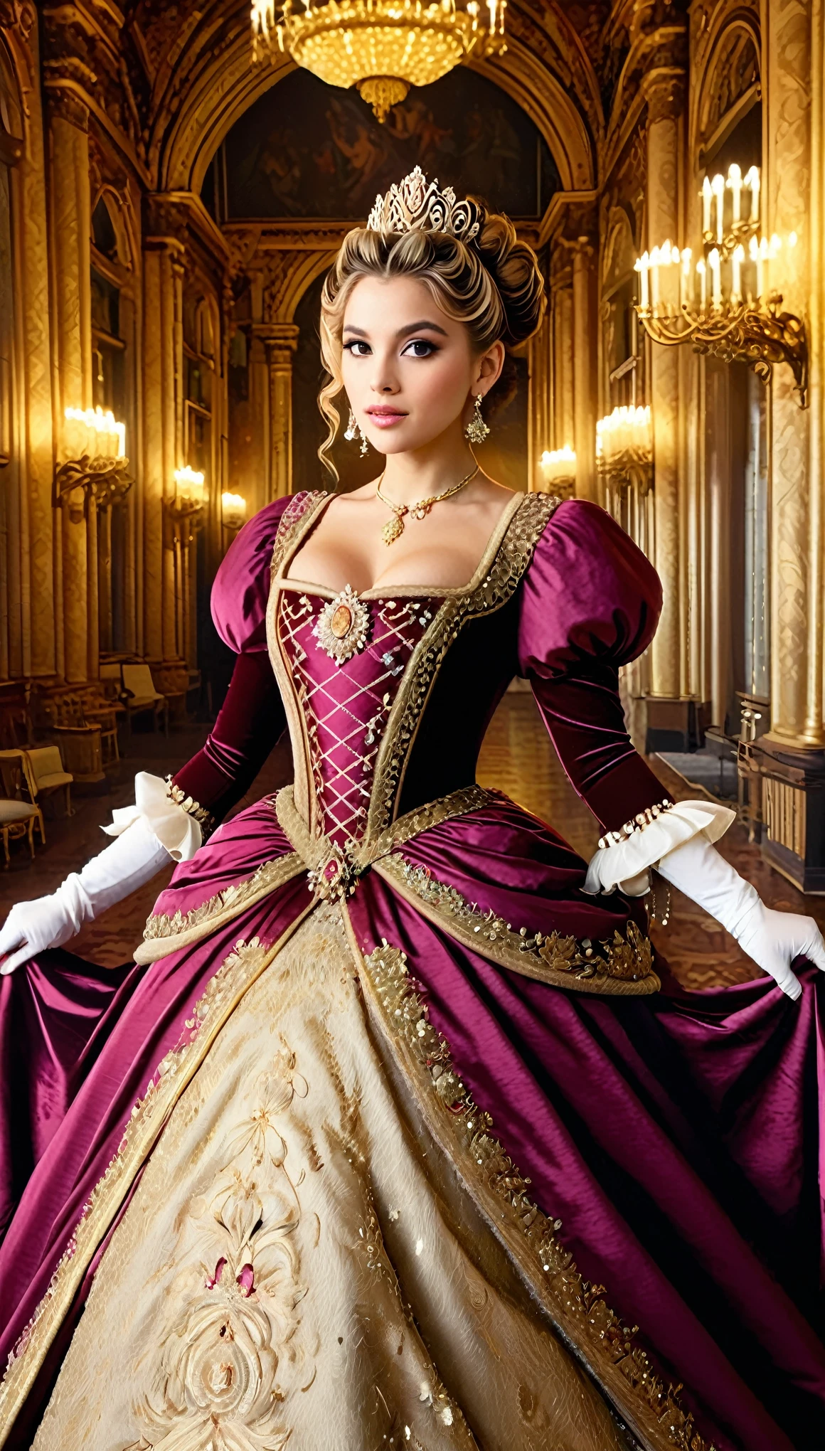 A Renaissance-inspired scene of a woman in a regal gown with rich, textured fabrics. The gown transitions from deep burgundy to gold, adorned with intricate embroidery and jewels. Her hair is styled in a regal updo, and she wears elaborate jewelry. The background features a grand Renaissance hall with detailed frescoes and opulent decor, creating a sense of historical grandeur