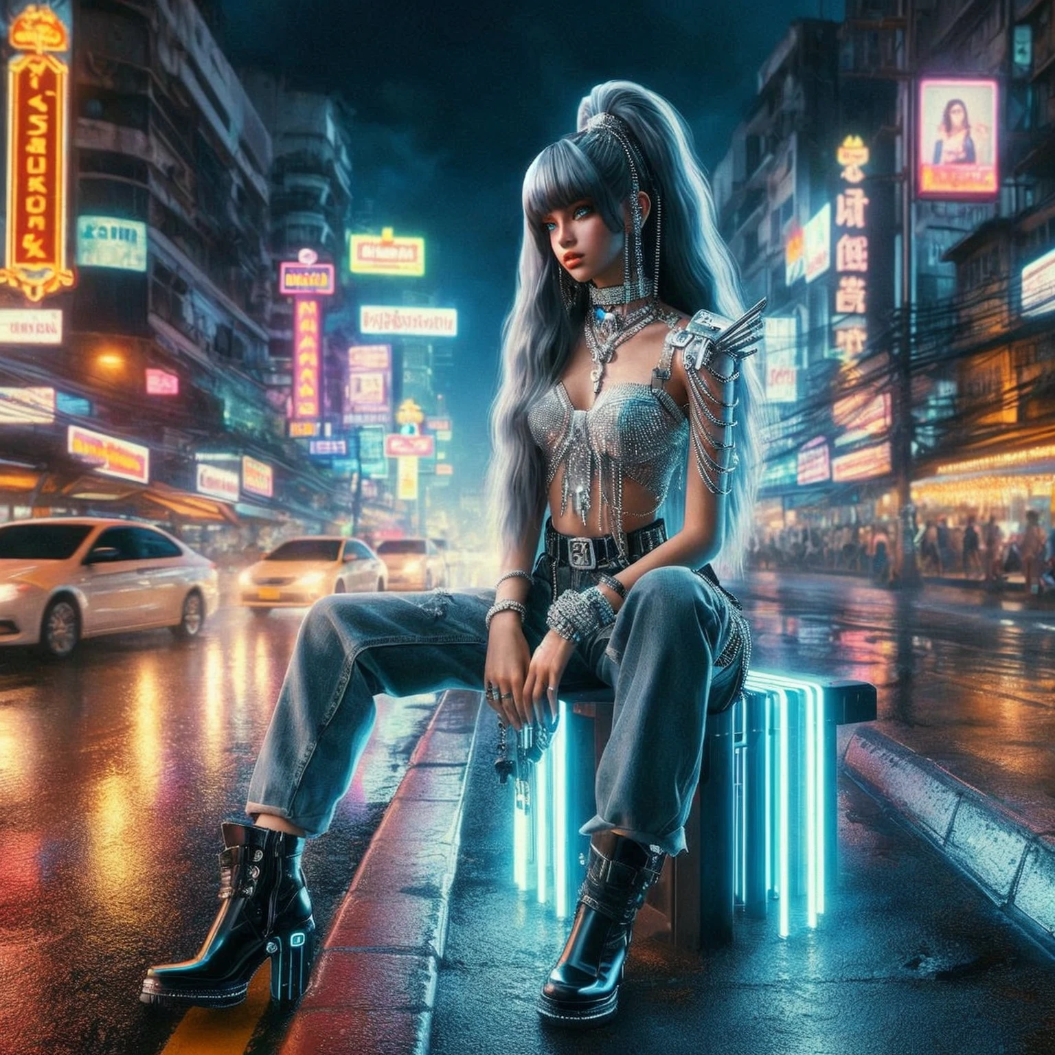 arafed image of a woman in a black top and shorts standing in a crowded street, cyberpunk vibe, cyberpunk vibes, cyberpunk art style, cyberpunk girl, urban girl fanart, artwork in the style of guweiz, beautiful digital artwork, stylized urban fantasy artwork, deviantart artstation cgscosiety, in cyberpunk city, trending on cgstation