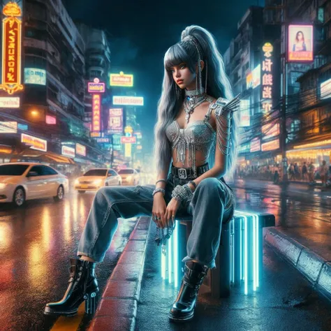 arafed image of a woman in a black top and shorts standing in a crowded street, cyberpunk vibe, cyberpunk vibes, cyberpunk art s...