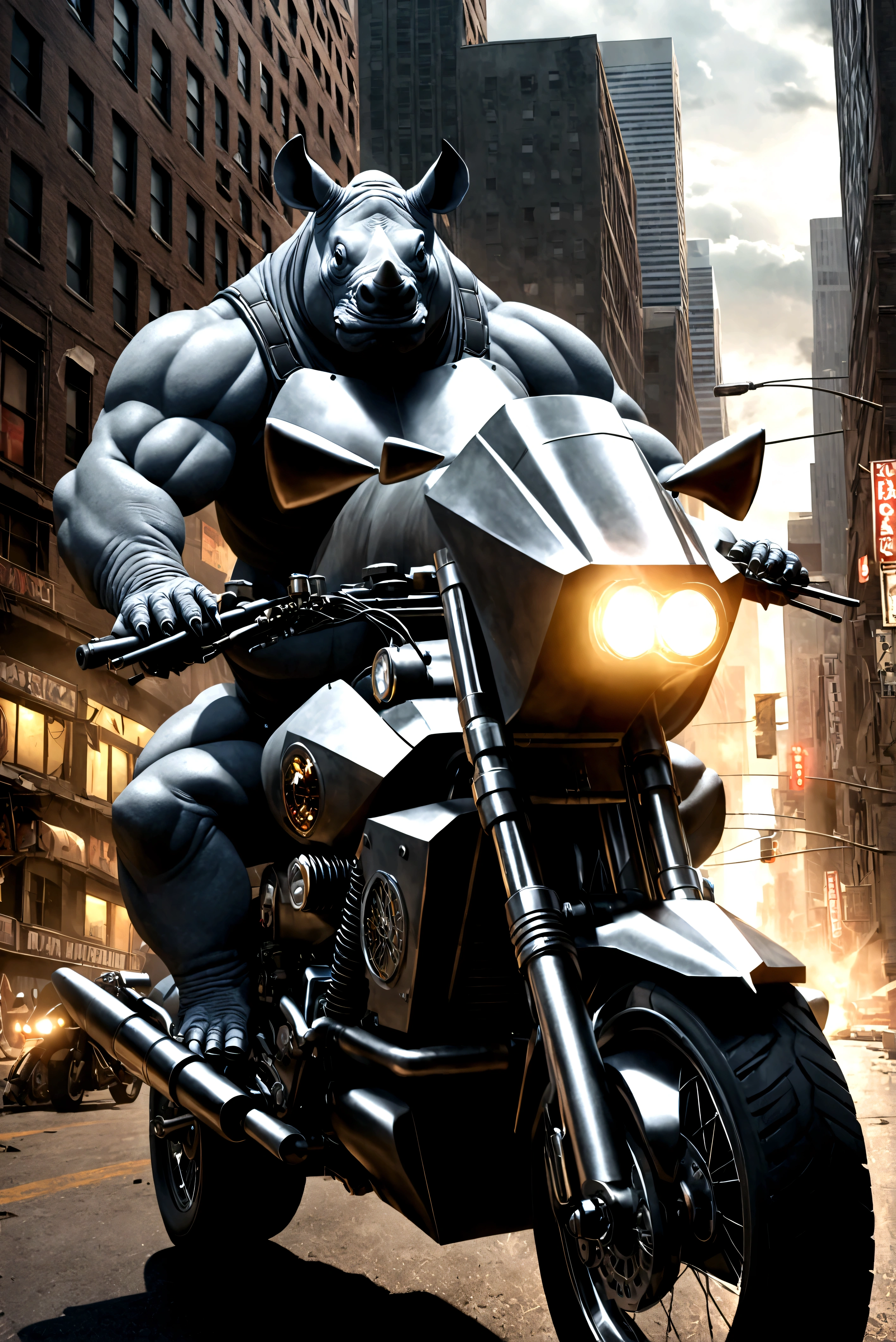 a massive, muscular gray rhino humanoid in a high-tech gray rhino suit, riding a huge, terrifying motorcycle with black chrome, machine gun mounts, and a large rhino horn over the headlight, in a downtown city setting, detailed cinematic lighting, highly detailed, 8k, photorealistic, masterpiece, dramatic action scene