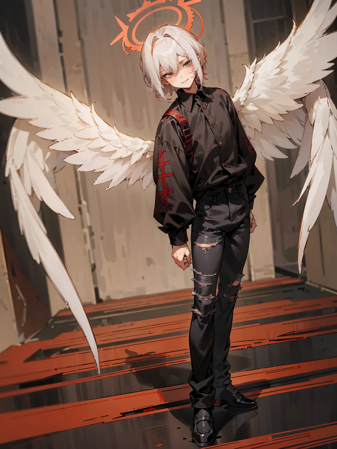 1male, Adult, Two Tone Hair, Crimson and White Hair, Short Hair, Undercut Hair, Red Angel Halo, Black Wings, Golden Eyes, Smirk, Black Flannel Shirt, Black Ripped Jeans, Standing On Path