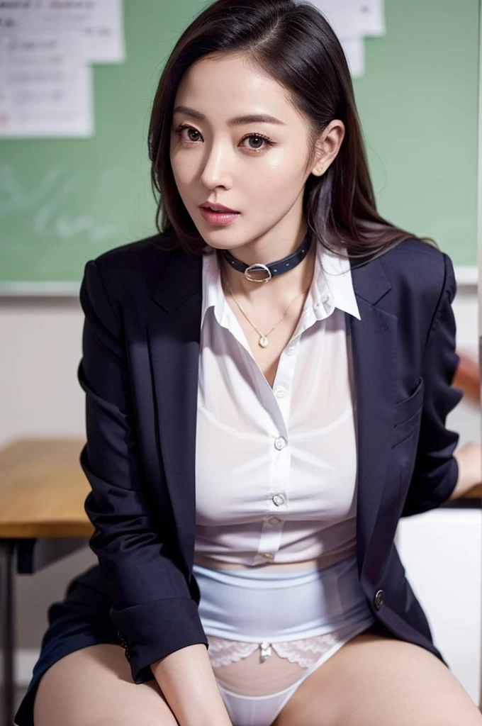 1womanl、(Super beautiful)、(beauitful face:1.5)、40 years、spreads her legakeup, (Wearing a dark blue suit), (a miniskirt:1.2)、(Showing white panties:1.2)、shirt with collar、(Bare legs)、(Elementary School Classroom)