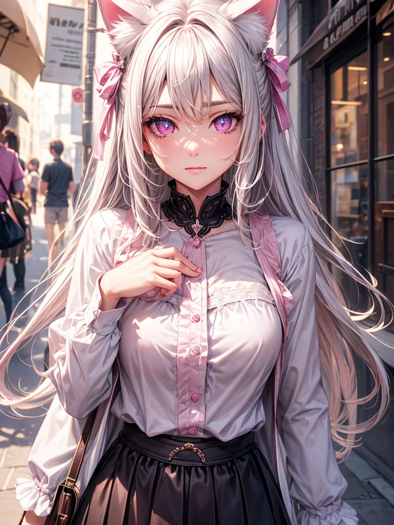 Highly detailed face,fine grain,Sparkling eyes,Highlighted eyes,Medium chest,pretty girl, Longing eyes,Cat ear, Beautiful silver hair,Pink inside,Beautiful pink eyes,Oversized shirt,skirt,Cafe
