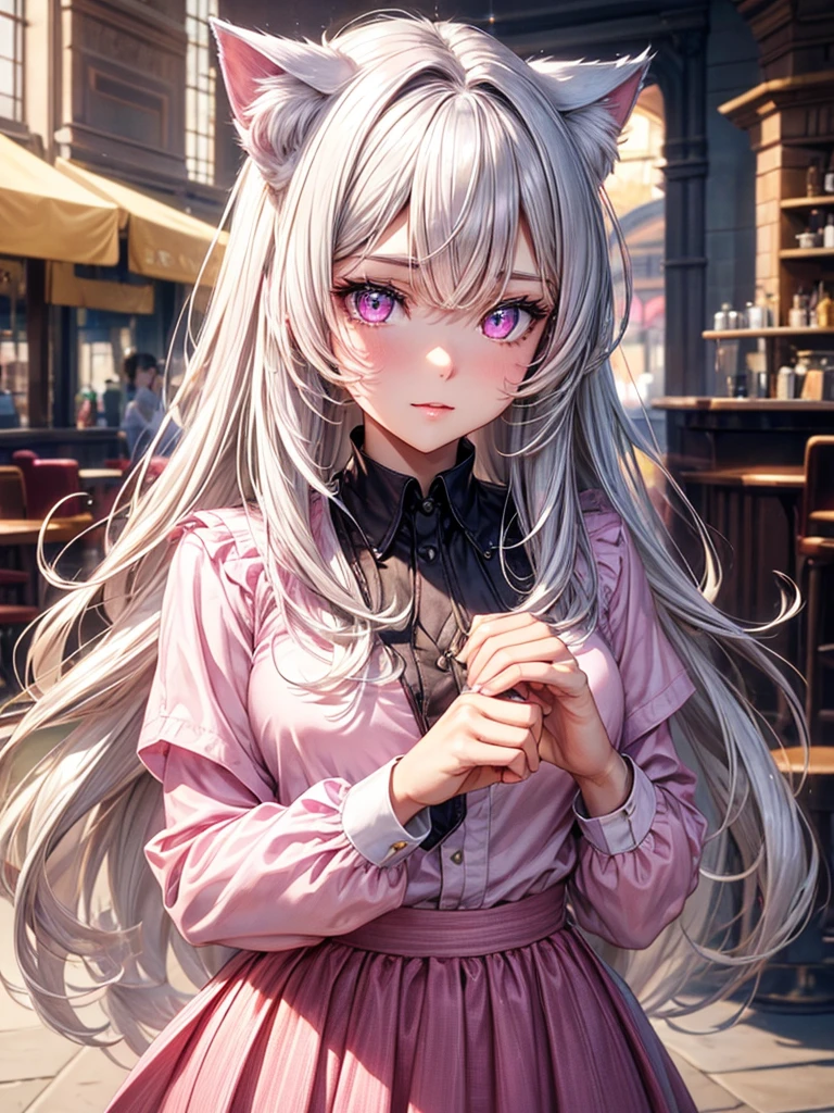 Highly detailed face,fine grain,Sparkling eyes,Highlighted eyes,Medium chest,pretty girl, Longing eyes,Cat ear, Beautiful silver hair,Pink inside,Beautiful pink eyes,Oversized shirt,skirt,Cafe
