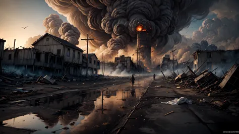 (apocalyptic desolated landscape), city destroyed in ruins, fire, war, houses burning,  panicked, extermination, grim reaper, sk...