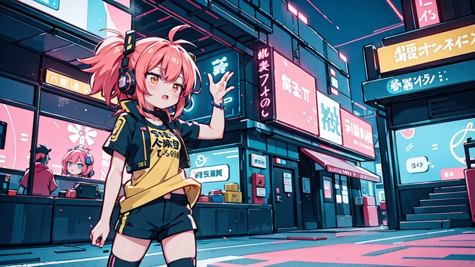 The image depicts an anime-style character, a dynamic female character striking a lively pose with vibrant pink hair accented with yellow highlights. She wears a large ribbon and a headset, sporting a dark-toned top and shorts in a contemporary style. The character harmonizes with the neon sign in the background, illuminated by the neon lights.

The background features multiple neon signs with Japanese characters, illustrating a bright city night scene. The screen displays the word "SPASMODIC," which means "convulsive" in Japanese, adding to the active and energetic atmosphere portrayed through the signs and visual effects. Overall, the image exudes a cyberpunk or futuristic vibe with vivid colors and a dynamic feel.
