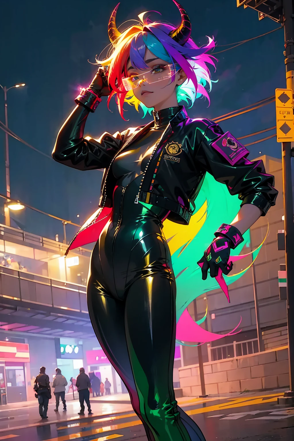 Rainbow Messy Hair ,Multicolored Hair, Golden Eyes, Bull Horns , Undercut Hair , Tan Skin , Combat Gloves , Dark Green Slacks , Modern City Background , Standing on sidewalk , Hair over eyes , Holographic Glasses , Black Bodysuit , Baggy Blue Pants , Baggy Jacket 