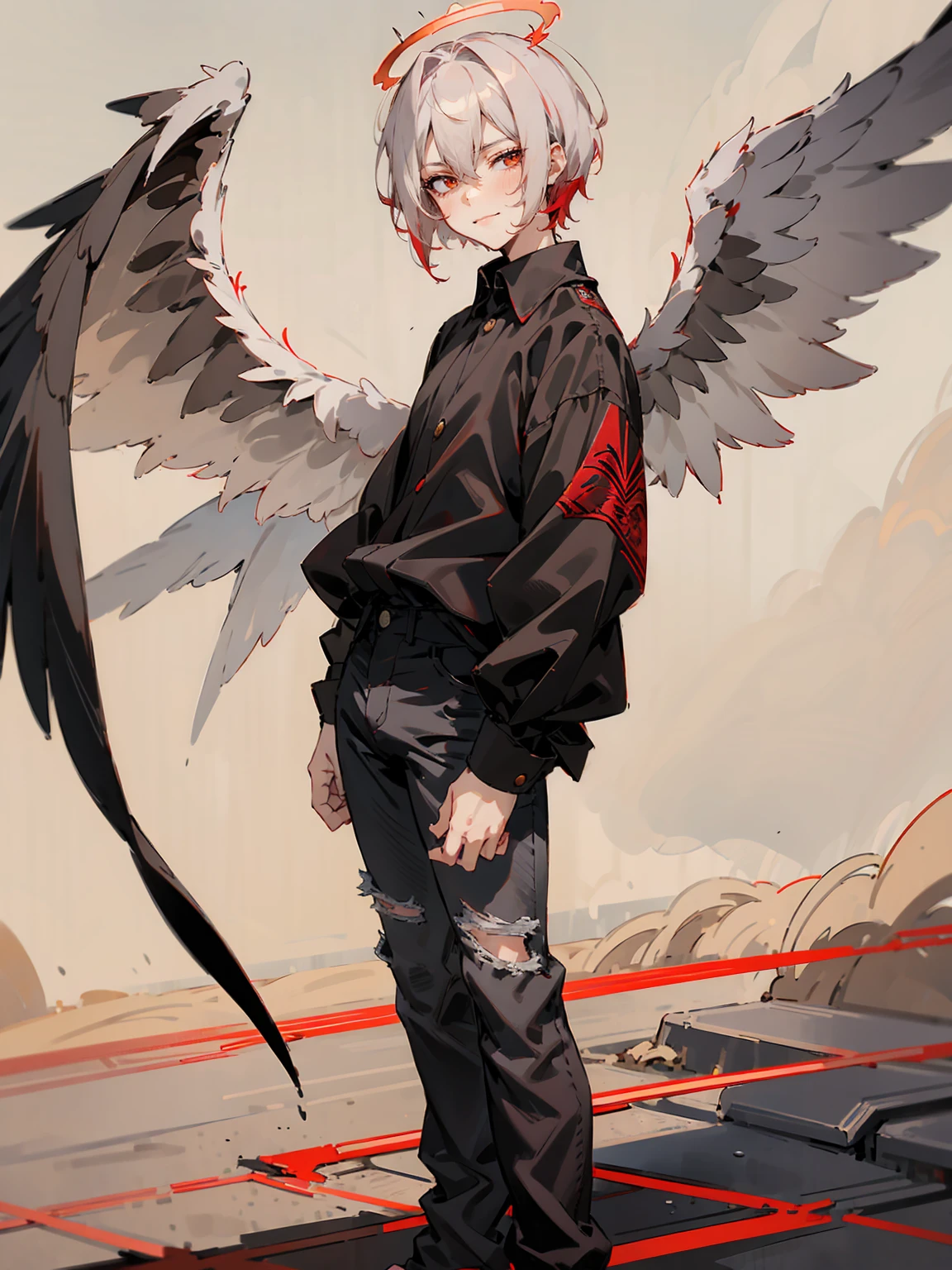 1male, Adult, Two Tone Hair, Crimson and White Hair, Short Hair, Undercut Hair, Red Angel Halo, Black Wings, Golden Eyes, Smirk, Black Flannel Shirt, Black Ripped Jeans, Standing On Path