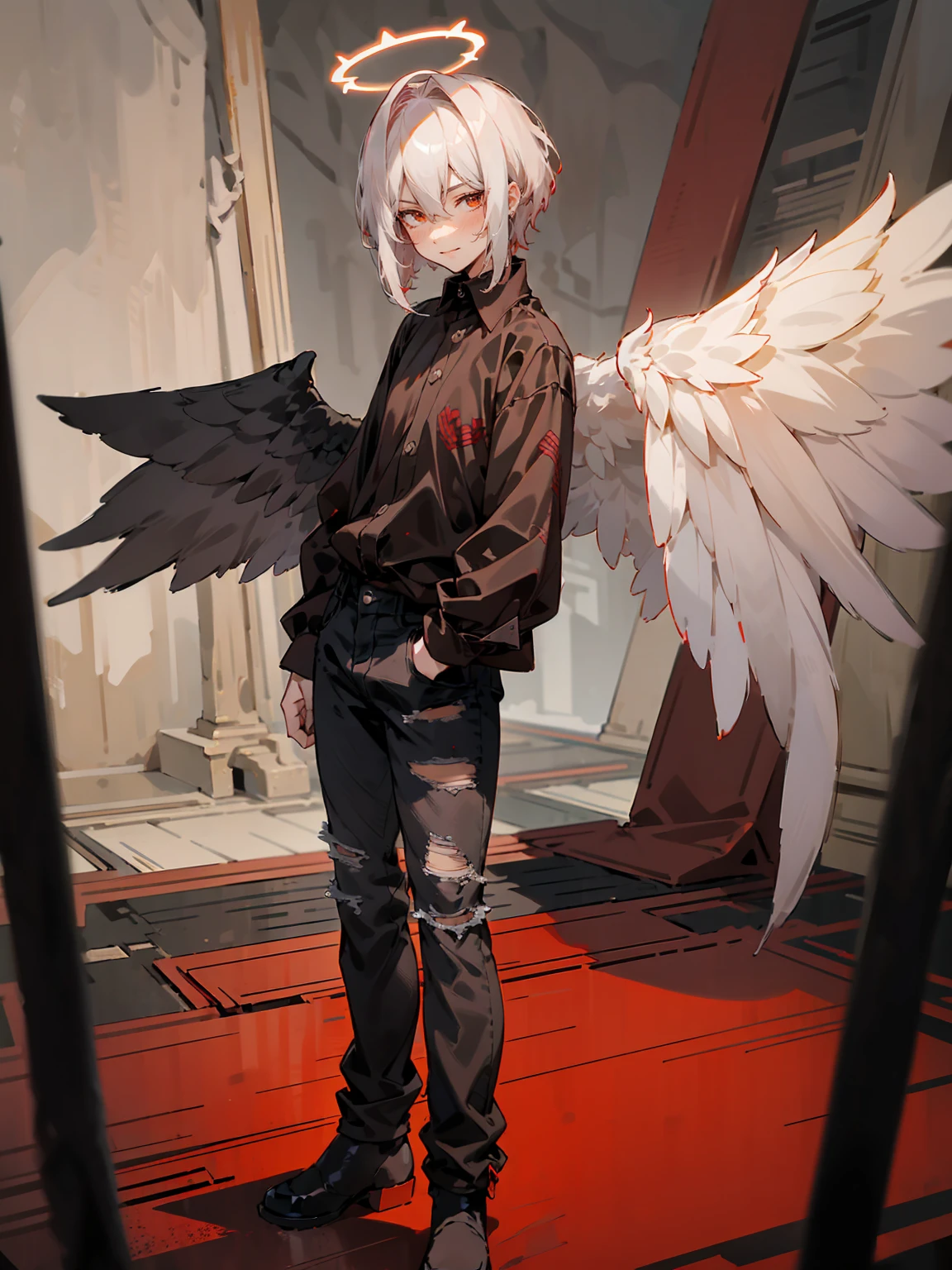 1male, Adult, Two Tone Hair, Crimson and White Hair, Short Hair, Undercut Hair, Red Angel Halo, Black Wings, Golden Eyes, Smirk, Black Flannel Shirt, Black Ripped Jeans, Standing On Path