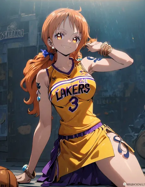 1girl, female focus, nami \(one piece\), sitting on floor, lakers jersey, yellow jersey, medium shot, glowing, glowing eyes, jer...