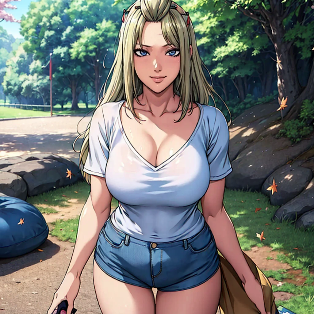 1girl, (Blue Eyes), (smiling :1.2), tsukuyo, (beautiful makeup :1.2), wide hips, Big , big ass, (Best Quality, 8k, Masterpiece: 1.3), Clear Focus: 1.2, Perfect Body Beauty: 1.4, strong abs, Highly detailed face and skin texture, detailed eyes, double eyelids, (blond long hair whit Bangs :1.2), yellow cleavage t-shirt short sleeve ,micro shorts, denim low rise shorts, standing, dynamic pose, picnic in the park, sakura trees, sakura leaves falling