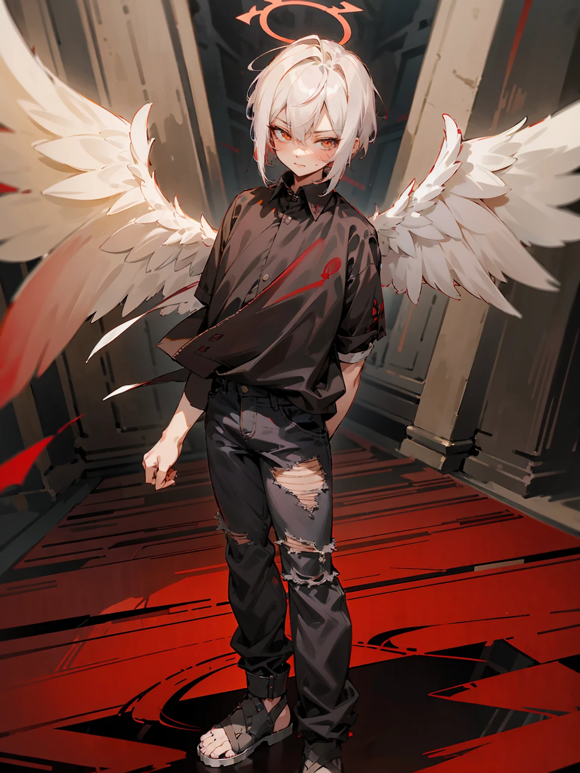 1male, Adult, Two Tone Hair, Crimson and White Hair, Short Hair, Undercut Hair, Red Angel Halo, Black Wings, Golden Eyes, Smirk, Black Flannel Shirt, Black Ripped Jeans, Standing On Path